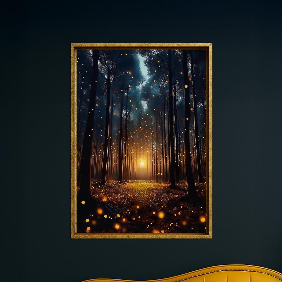 Glowing Firefly Path Dark Forest Golden Lights Fantasy Nature Poster