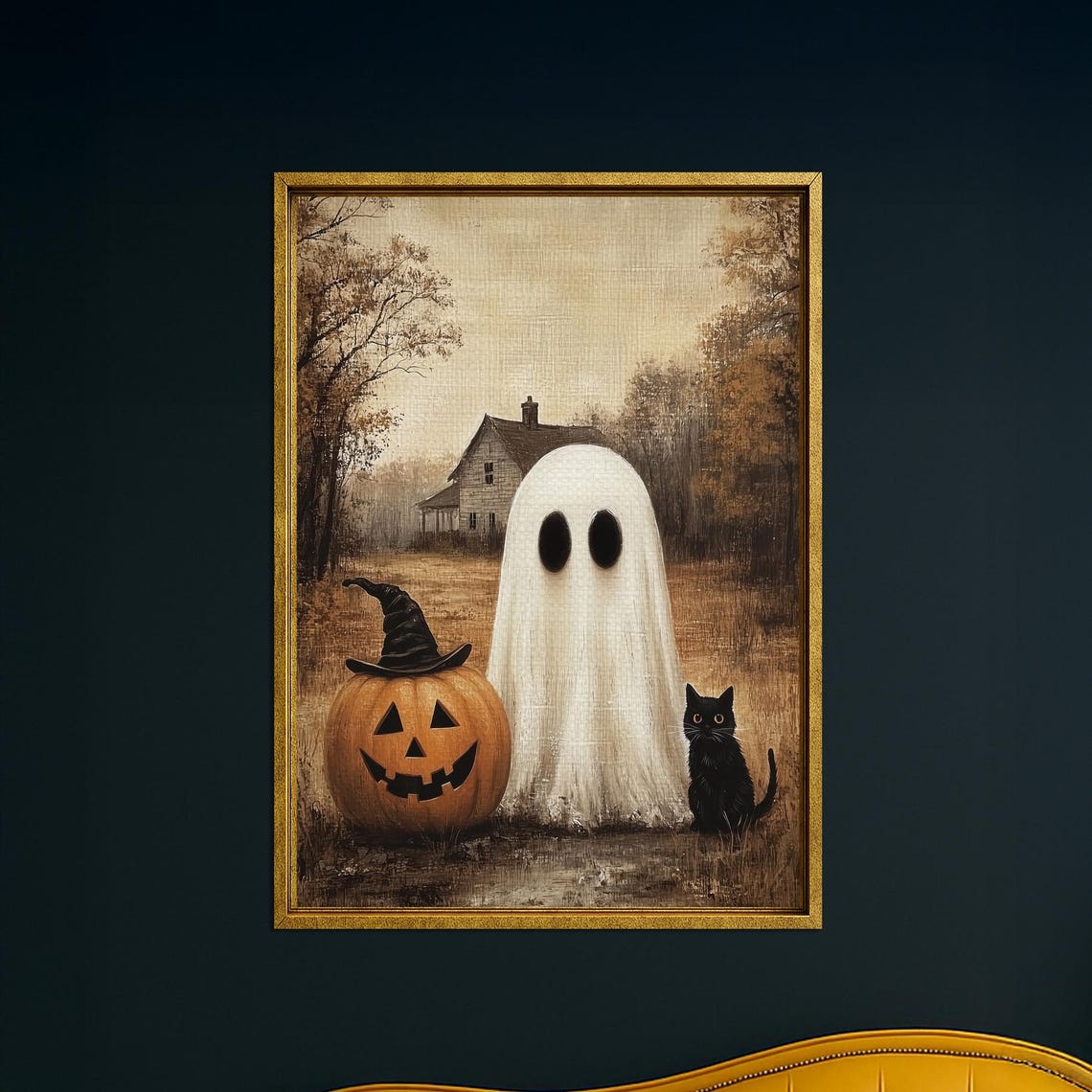 Ghost Pumpkin and Black Cat Farmhouse Autumn Halloween Poster