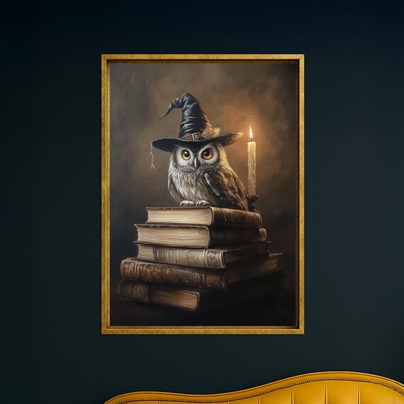 Owl On Books Canvas Wall Art Witch Hat Candle Spooky Halloween Decor