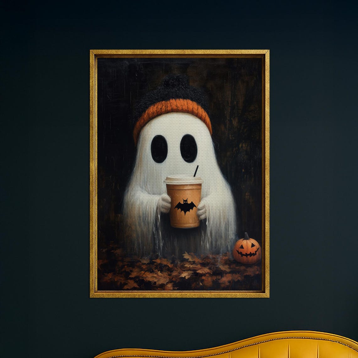 Cute Ghost in Beanie Holding Coffee Cup Funny Halloween Poster