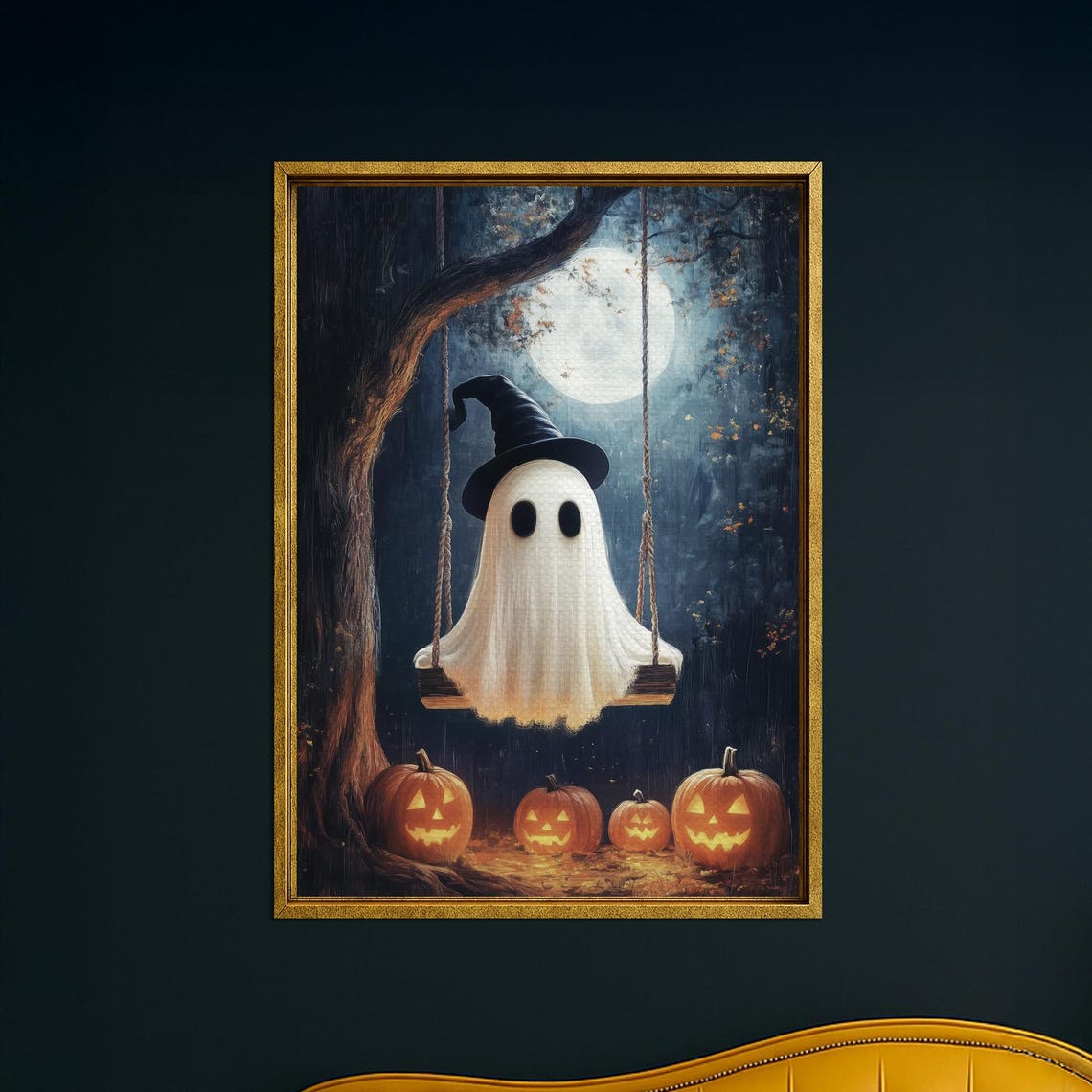 Cute Ghost on Swing Halloween Full Moon Jack O Lantern Night Poster