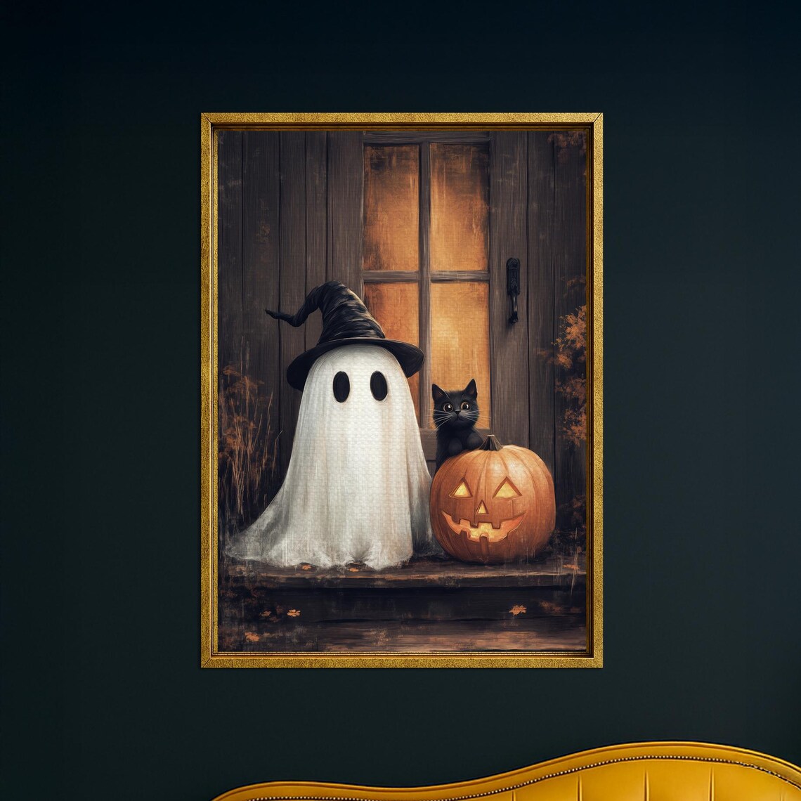 With Witch Hat Black Cat And Pumpkin Halloween Wall Art