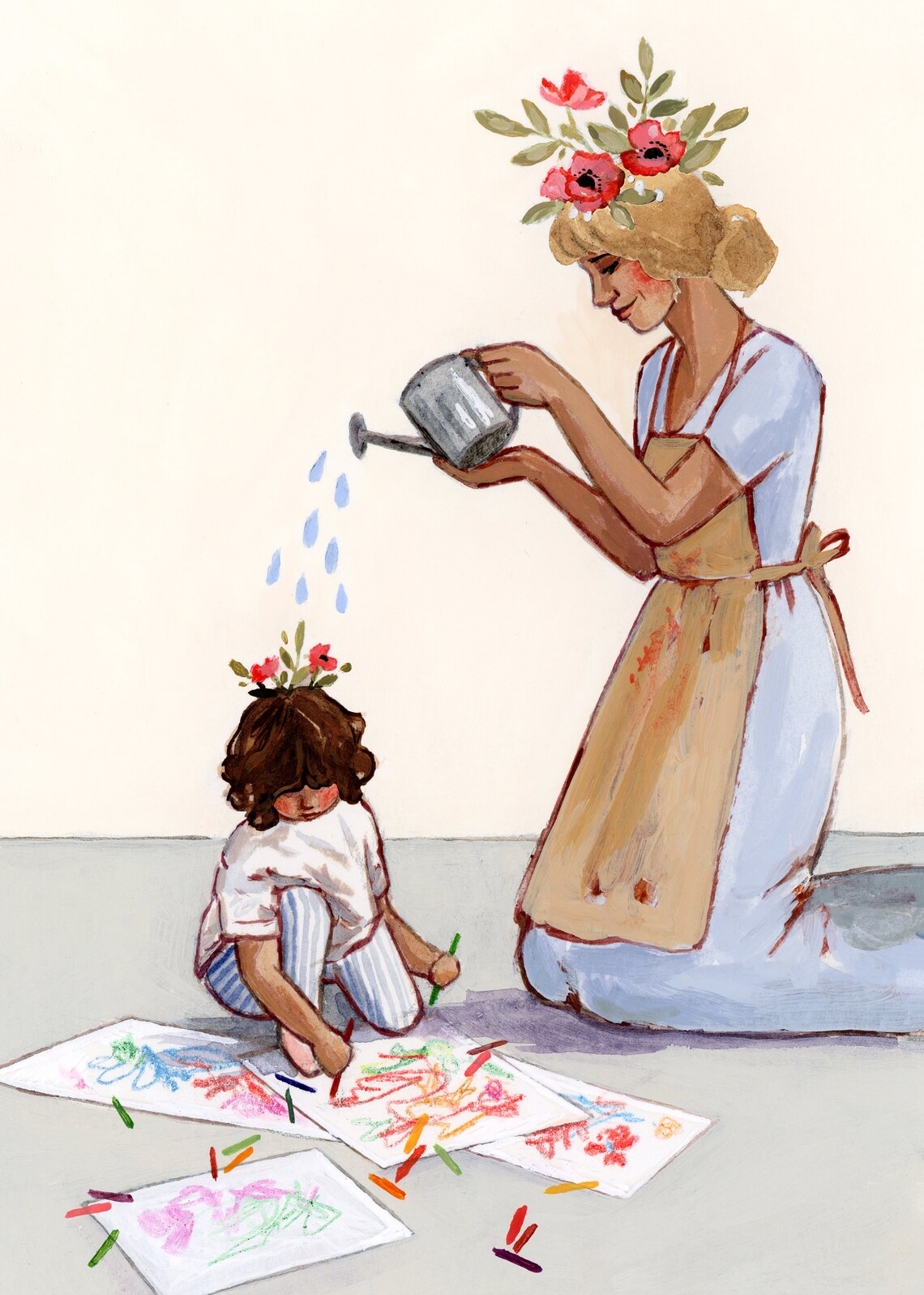 Mother Watering Flowers Toddler Child Watercolor Nursery Art Poster - Image 2