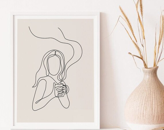 Woman One-Line Coffee Drawing, Abstract Poster