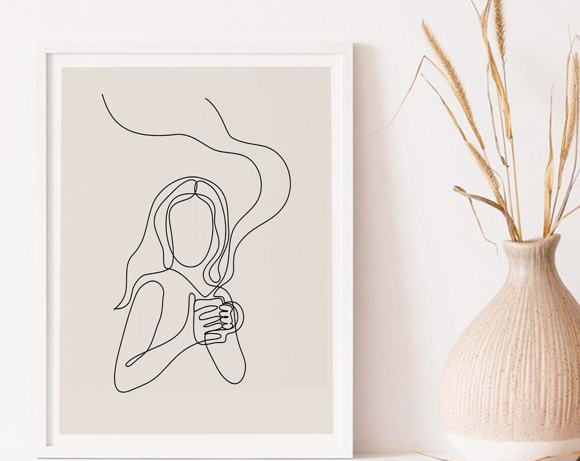 Woman One-Line Coffee Drawing, Abstract Poster