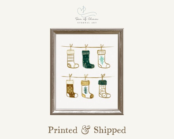 Minimalist Christmas Stockings In Green And Gold Holiday Poster