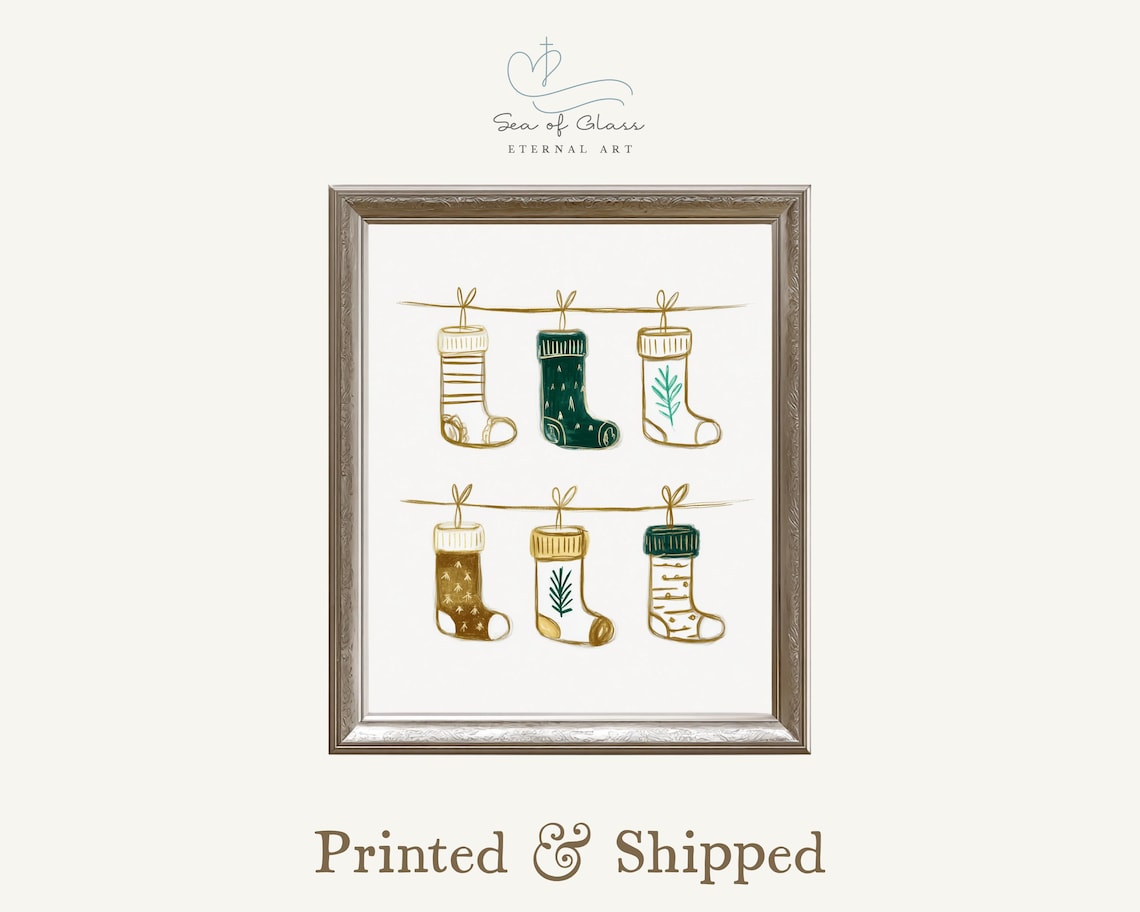 Minimalist Christmas Stockings In Green And Gold Holiday Poster