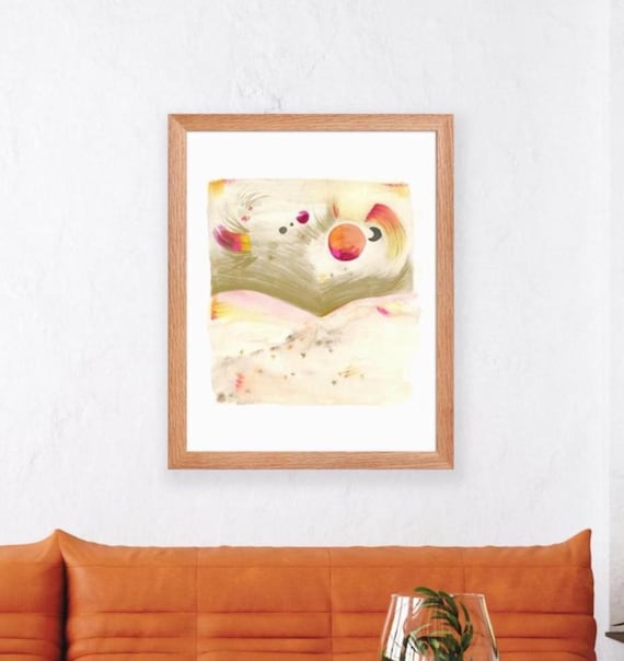 Abstract Watercolor Sun And Crescent Over Hills Blush Olive Tones Art Poster