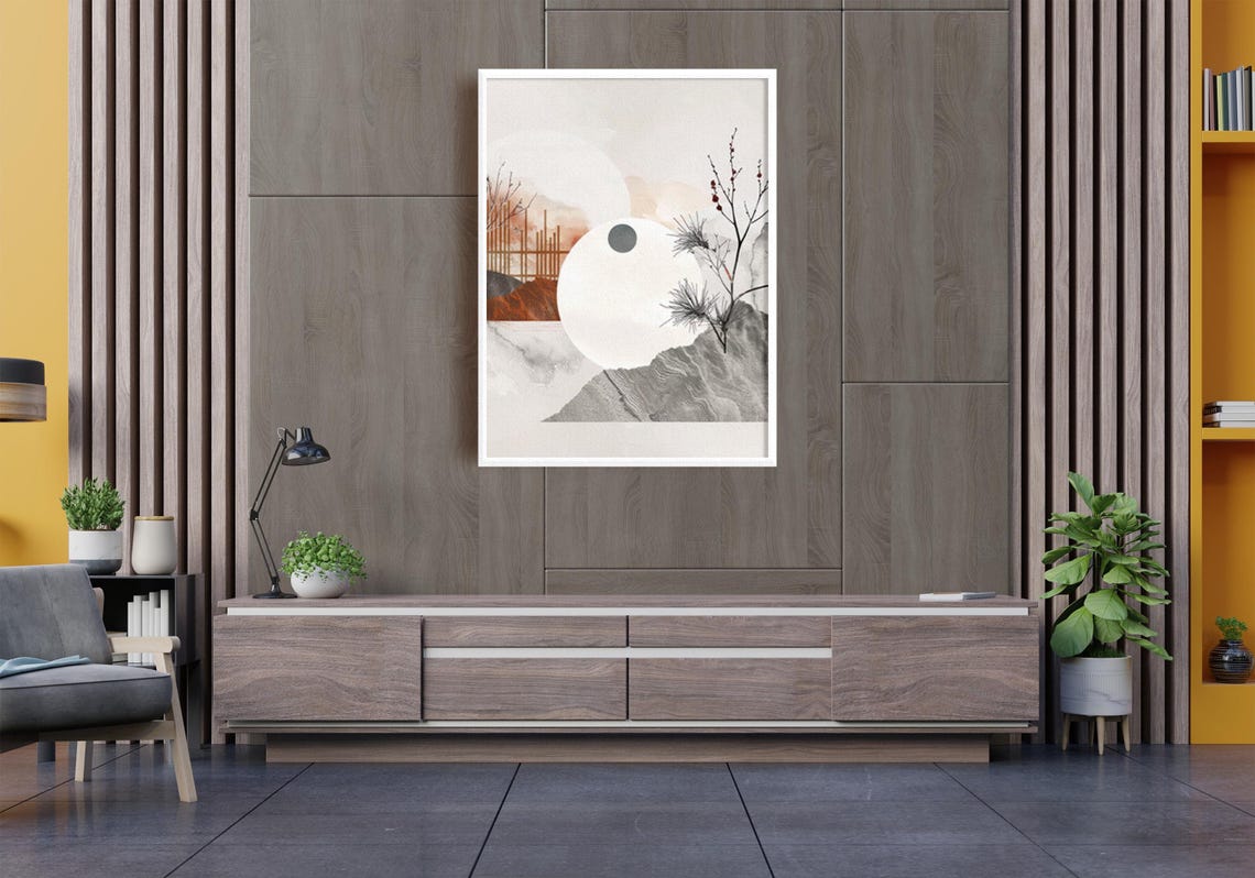 Japanese Moon Mountain Pine Branches Ink Wash Abstract Art Print - Image 3