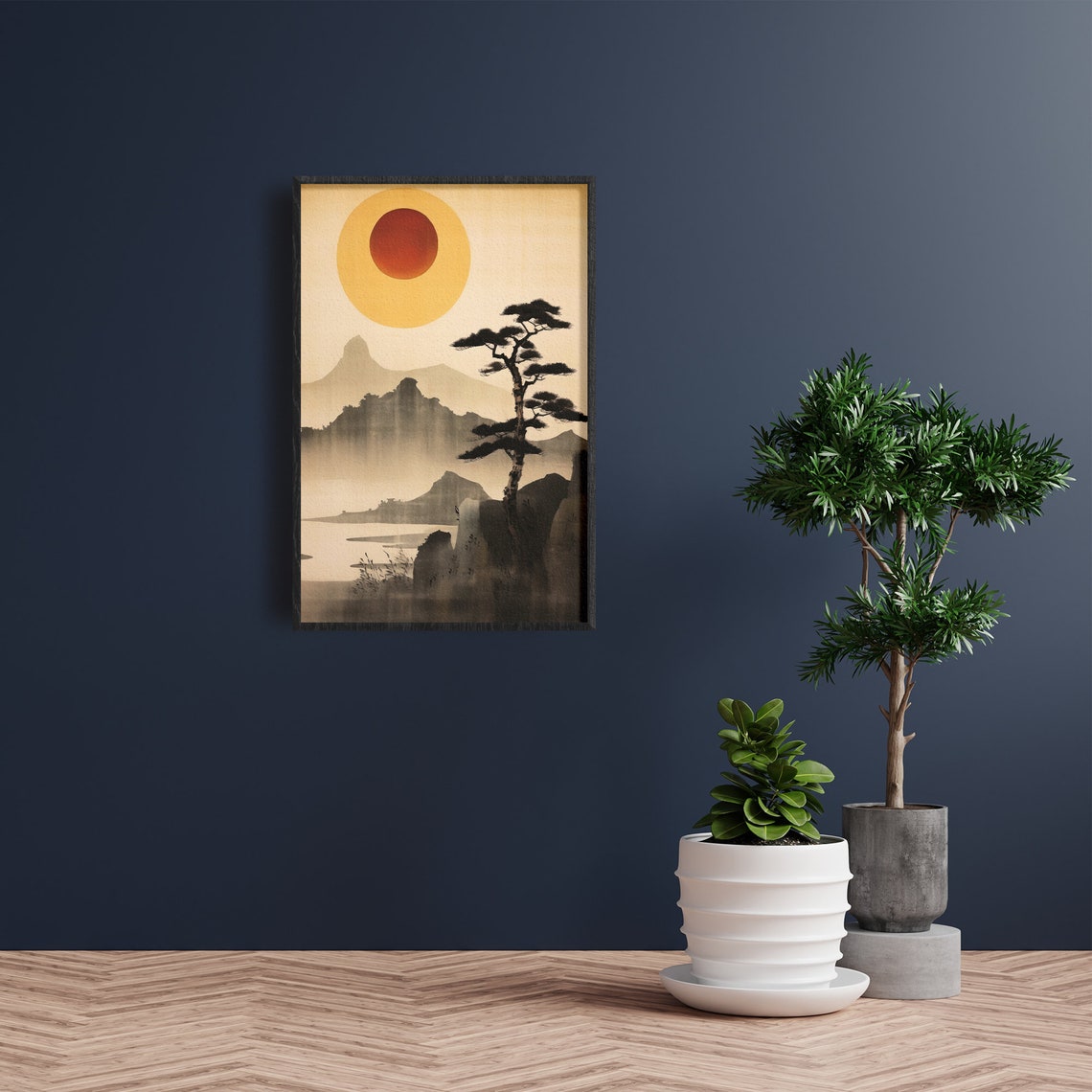 Japanese Sunrise over Mountains with Pine Tree Japandi Poster - Image 3