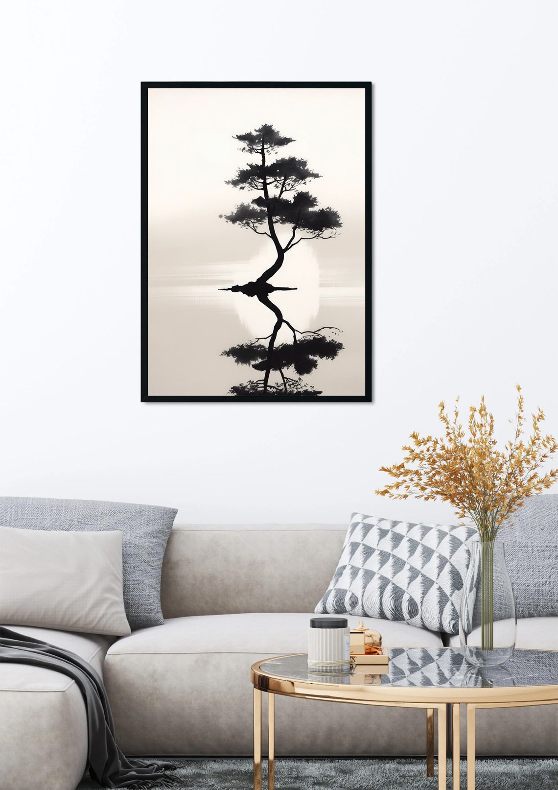 Japanese Pine Tree Reflection Black Ink Minimalist Zen Wall Poster - Image 2