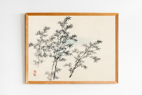 Delicate Japanese Bamboo Branches Ink Drawing with Red Seal Poster