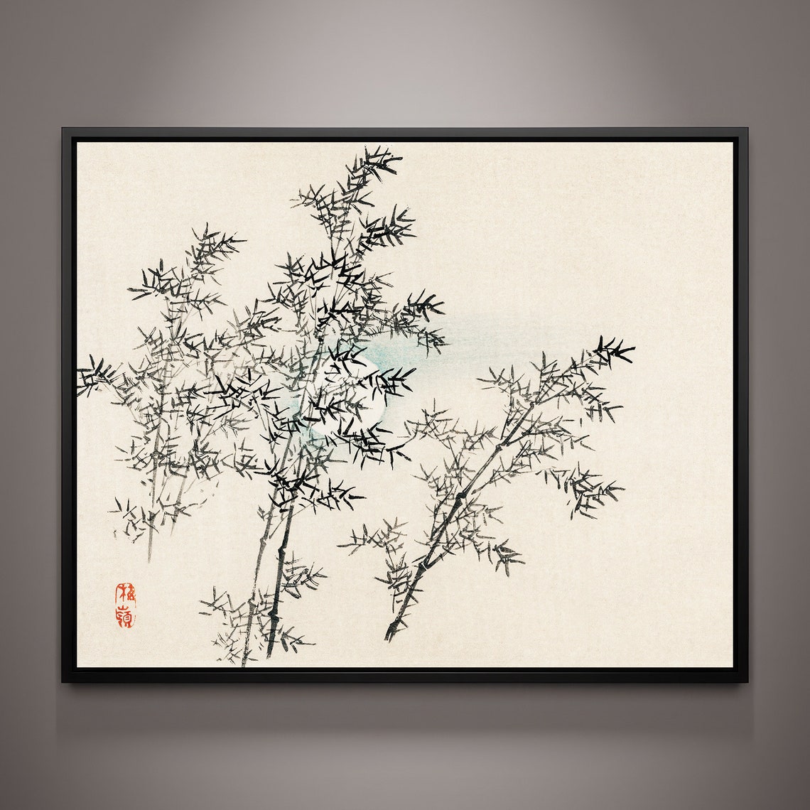 Delicate Japanese Bamboo Branches Ink Drawing with Red Seal Poster - Image 3