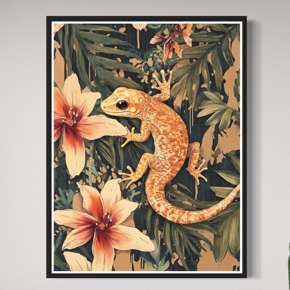 Orange Gecko Tropical Lily Flowers Vintage Wildlife Reptile Art Print