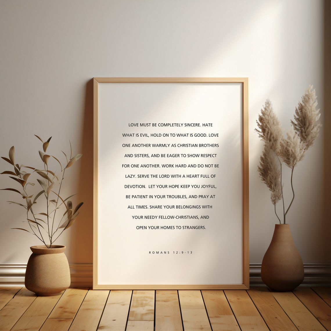 Romans 12:9-13 Love Must Be Sincere Minimalist Bible Verse Poster