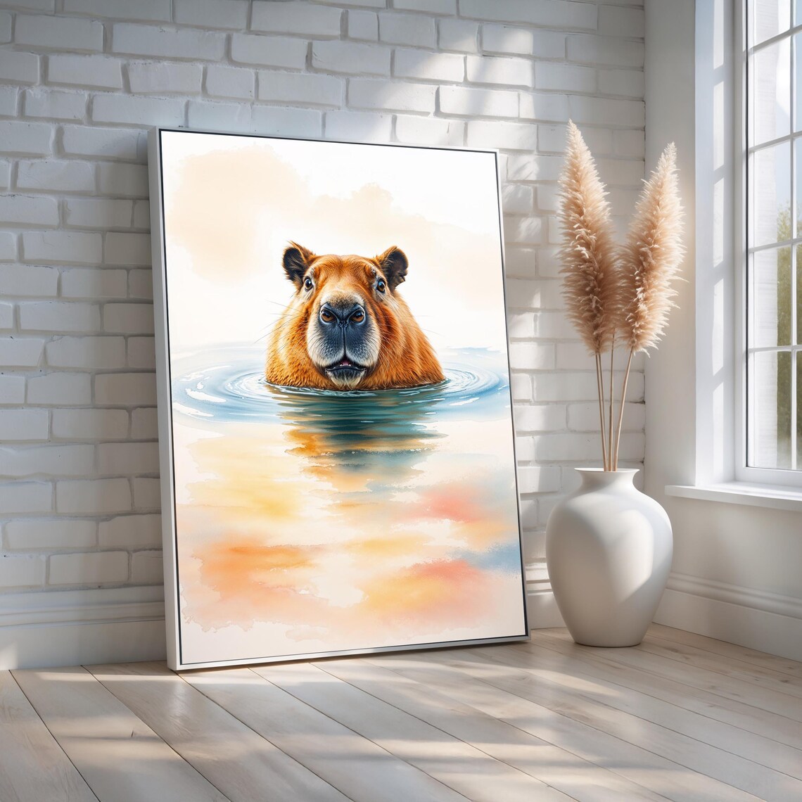 Smiling Capybara Swimming Pastel Watercolor Cute Animal Poster