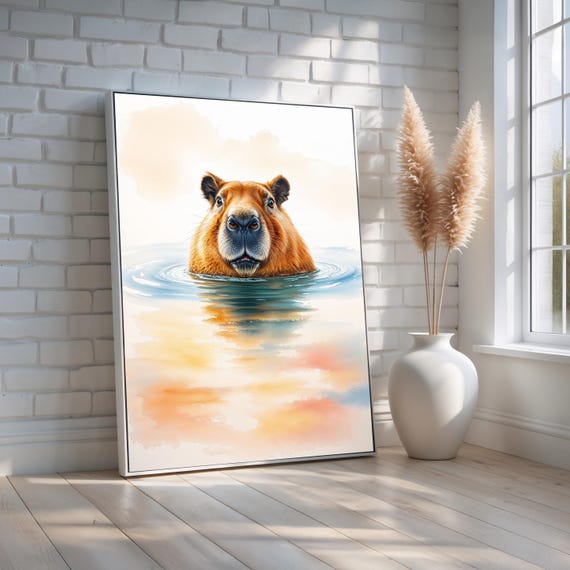 Cute Capybara Watercolor Wall Art Funny Animal Poster In Soft Pastel Tones Whimsical Pet Canvas For Kids Room Or Office Ready To Hang