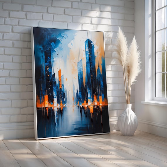 Abstract Cityscape Wall Art Modern Skyline Canvas Or Poster Bold Urban Painting With Blue And Orange Tones Contemporary Home Decor