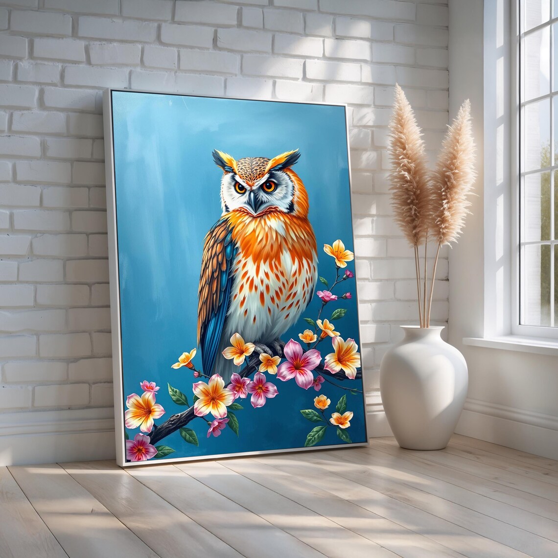 Colorful Owl Floral Branch Bird Portrait Modern Wildlife Art Print