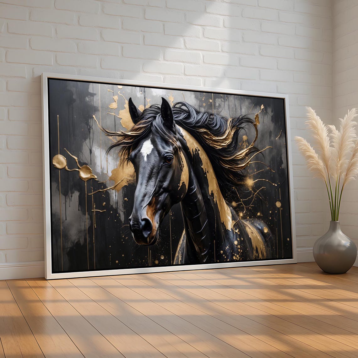 Black Horse With Gold Paint Splashes Bold Luxury Equestrian Art Poster