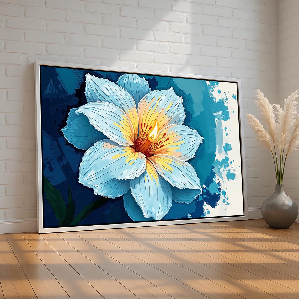 Blue Flower With Candle Flame Center Inspirational Floral Wall Art Print Bold Abstract Botanical Canvas Ready To Hang