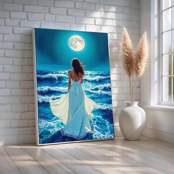 Woman in White Dress Moonlit Ocean Full Moon Night Seascape Wall Art