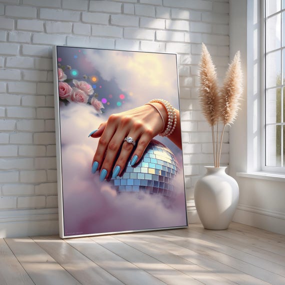 Glam Hand With Diamond Ring Wall Art Disco Ball Canvas Print Feminine Jewelry Decor Bridal Gift Or Room Ready To Hang