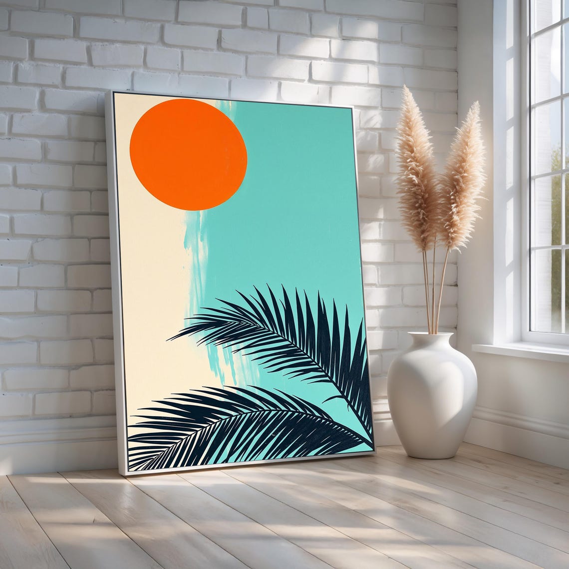 Minimalist Orange Sun Palm Leaves Teal Retro Tropical Art Poster
