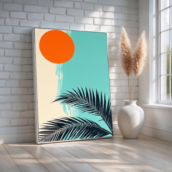 Minimalist Orange Sun Palm Leaves Teal Retro Tropical Art Poster