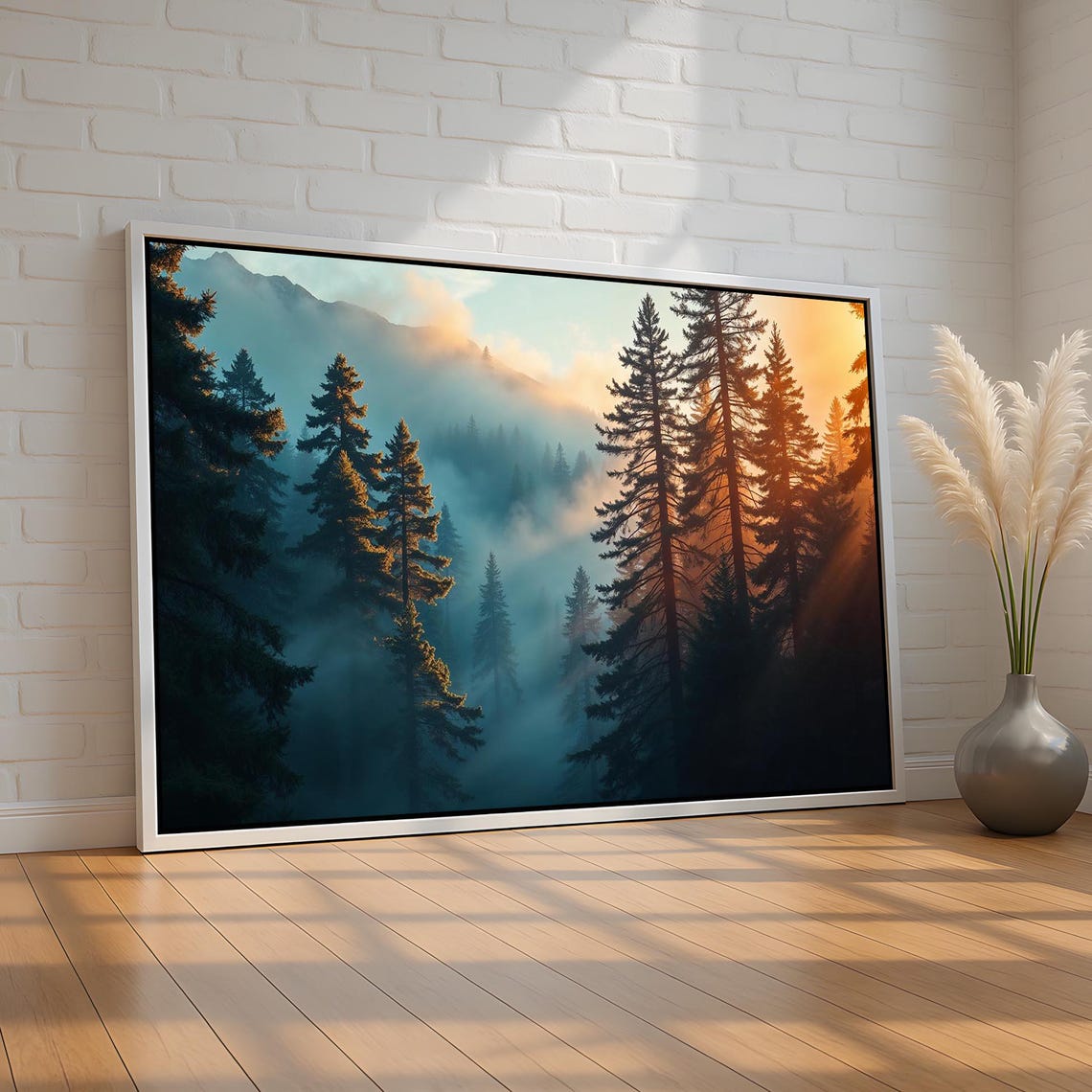 Misty Pine Forest Sunrise Mountain Landscape Peaceful Nature Poster