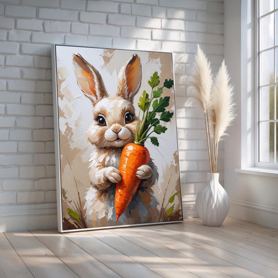 Cute Bunny With Carrot Wall Art Whimsical Animal Nursery Canvas Print Adorable Easter Poster For Kids Room Ready To Hang