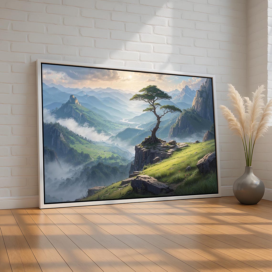 Lone Tree On Rocky Cliff Misty Mountain Valley Sunrise Art Poster
