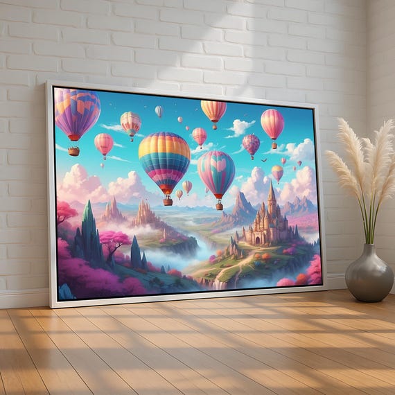 Fantasy Hot Air Balloon Canvas Poster Whimsical Castle Wall Art Dreamy Sky Landscape For Living Room Or Bedroom Ready To Hang