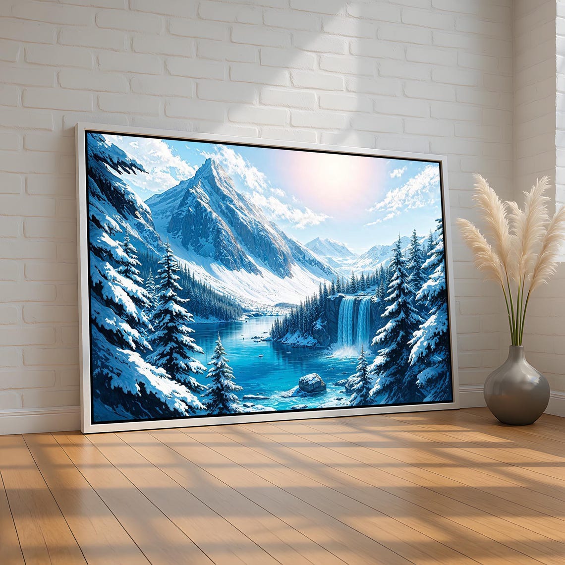 Snowy Winter Mountain Lake Waterfall Blue Landscape Wall Art