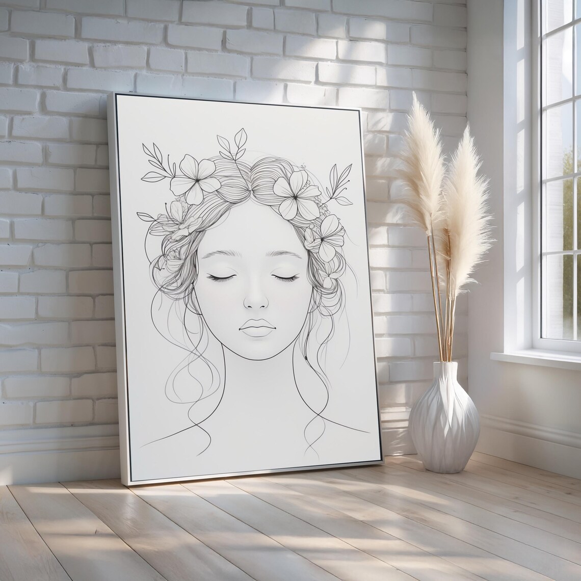 Minimalist Woman Line Art Floral Crown Serene Female Portrait Poster