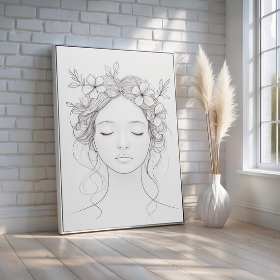 Minimalist Woman Line Art Floral Crown Serene Female Portrait Poster