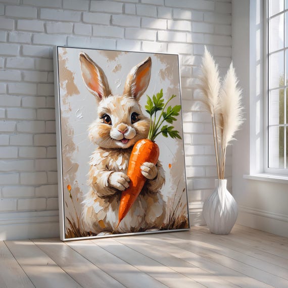 Cute Bunny Portrait With Carrot Whimsical Animal Wall Art For Kids Room Nursery Or Easter Decor Canvas Poster Ready To Hang