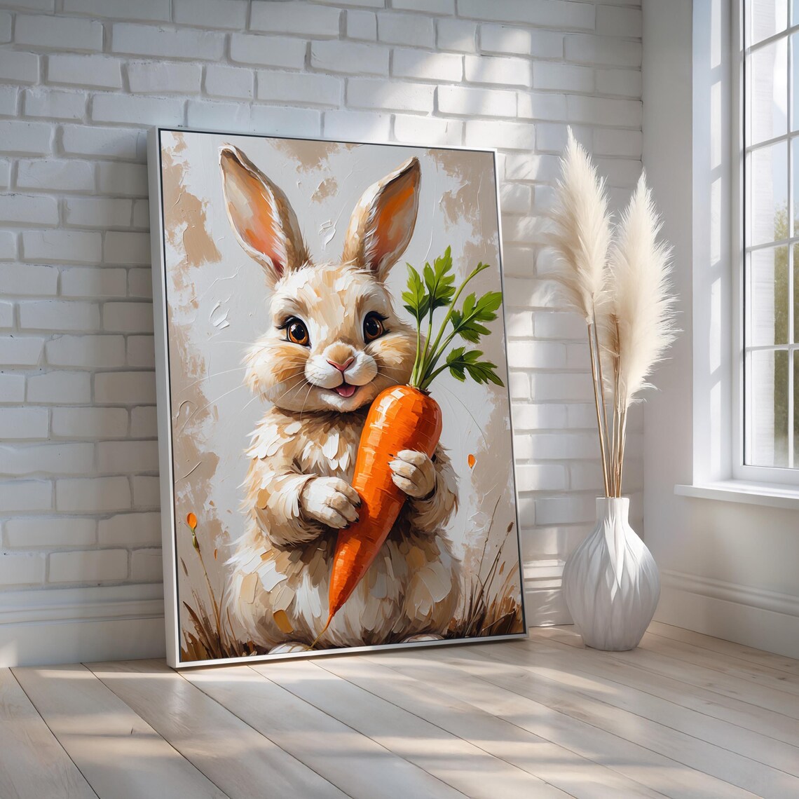 Cute Bunny Holding Carrot Whimsical Animal Art Poster for Kids