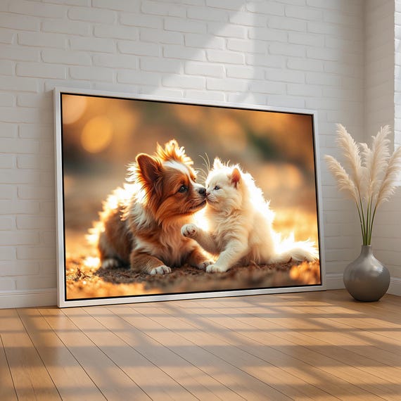 Cute Dog And Cat Wall Art Puppy Kissing Kitten Canvas Print Adorable Animal Friendship Pet Decor For Kids Room Or Nursery