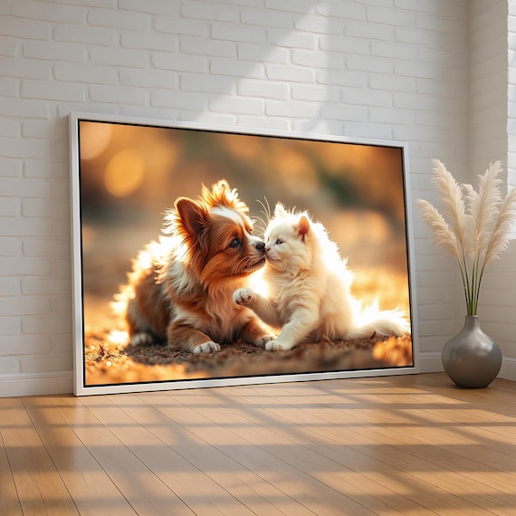 Sweet Puppy Kissing Kitten Golden Sunlight Cute Animal Wall Art