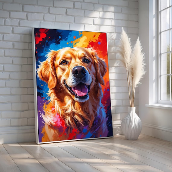 Golden Retriever Wall Art Canvas Poster Colorful Dog Portrait With Vibrant Abstract Splashes Modern Pet Decor Ready To Hang