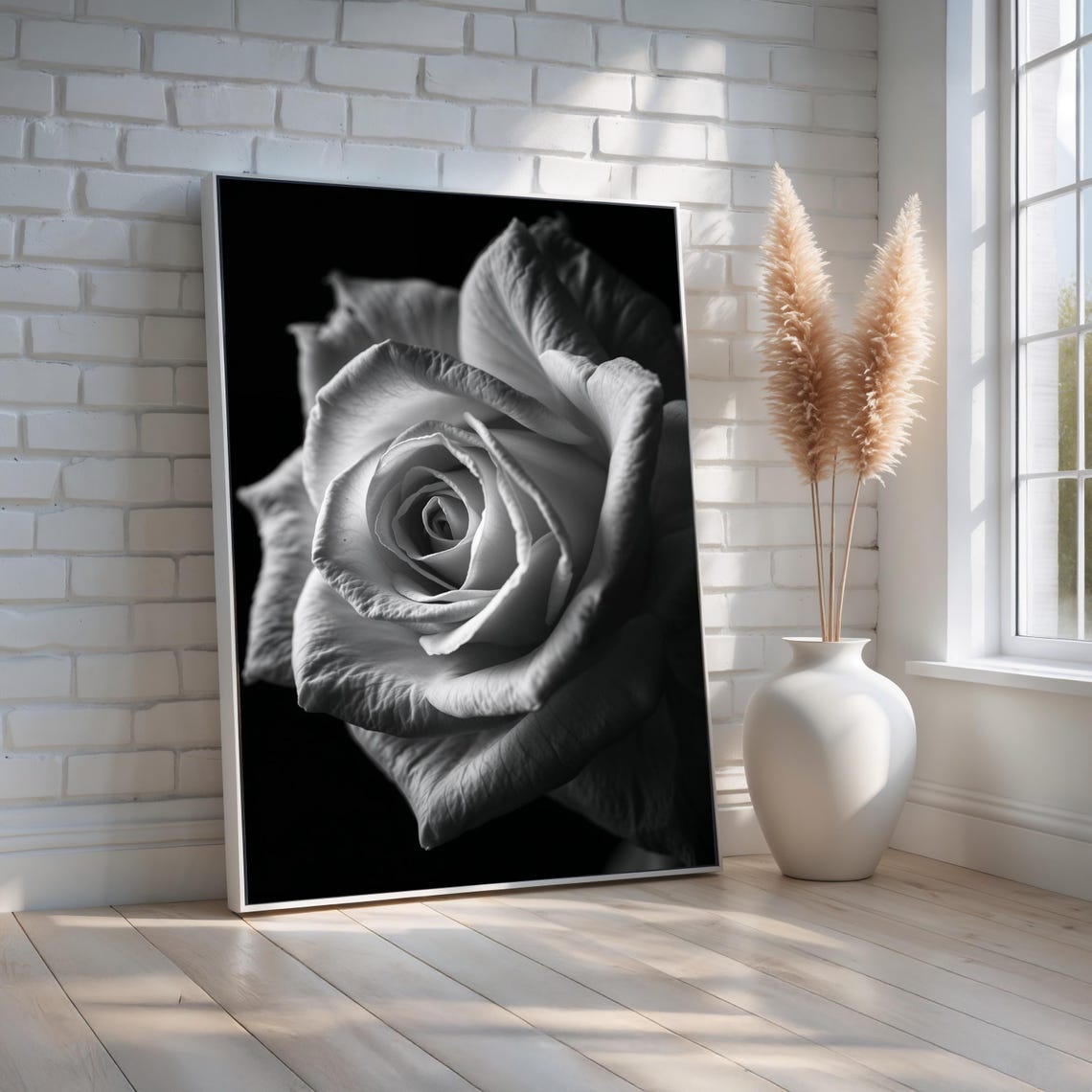 Black and White Rose Close Up Elegant Monochrome Floral Wall Art