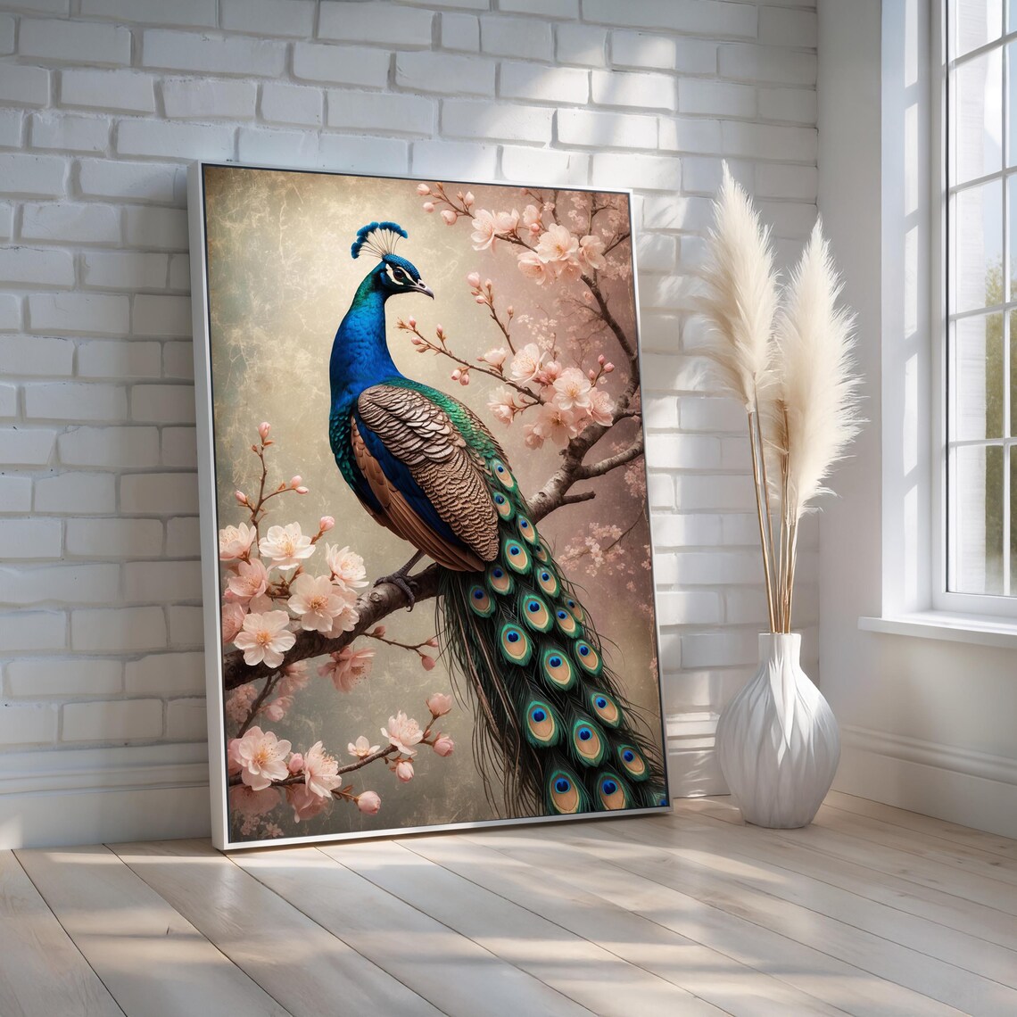 Peacock Cherry Blossom Branch Elegant Vintage Style Painting Art Print