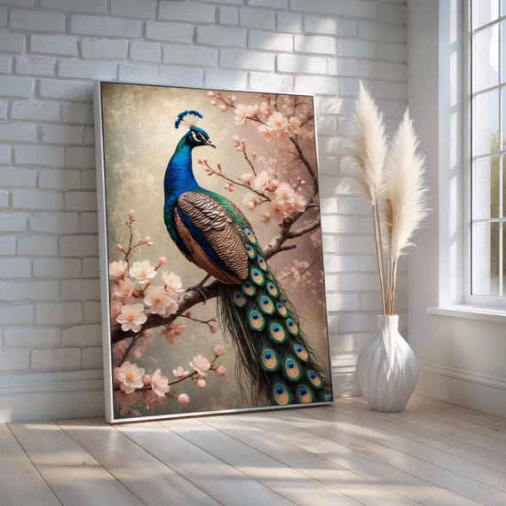 Peacock Wall Art Elegant Bird With Cherry Blossoms Botanical Nature Canvas For Bedroom Office Or Gift Ready To Hang