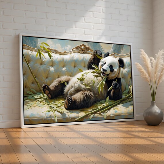 Cute Panda Canvas Poster Playful Lounging On Sofa Eating Bamboo Fun Animal Wall Art For Home Or Office Ready To Hang