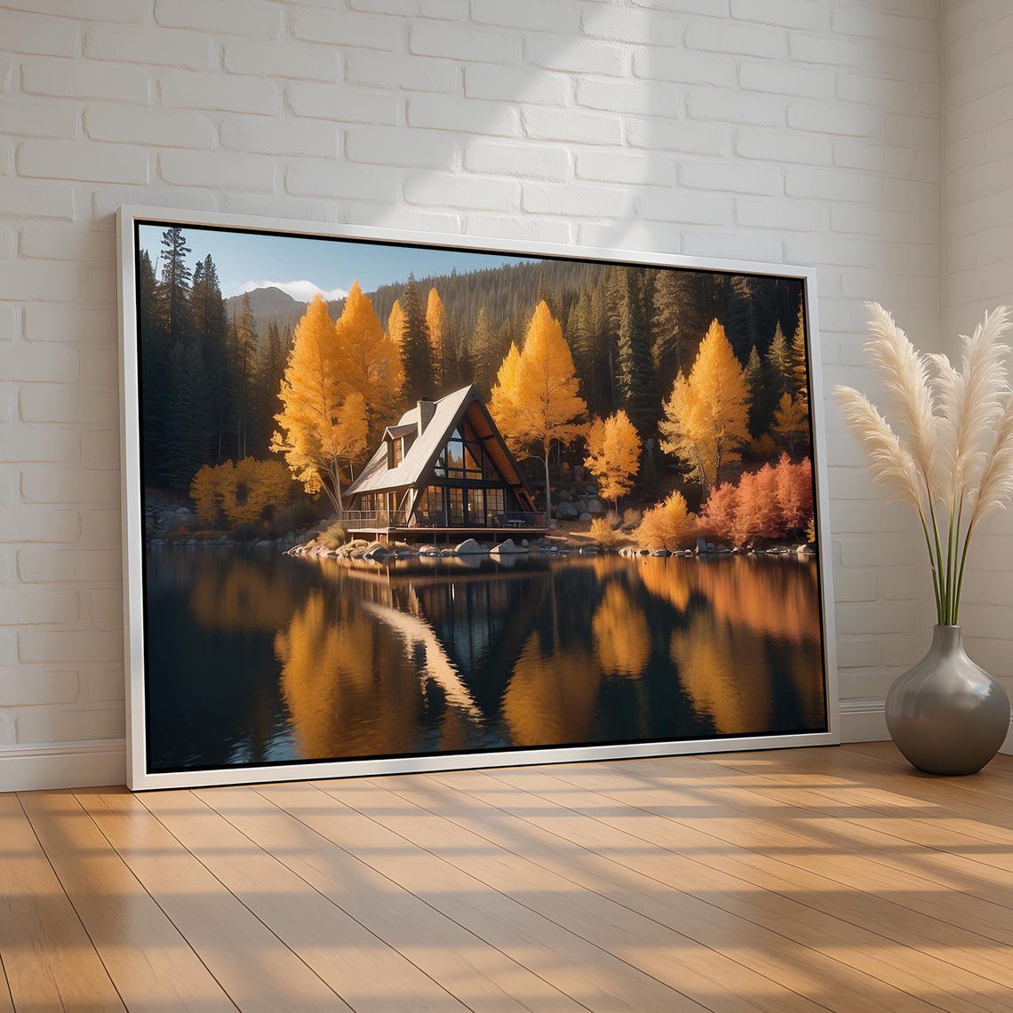 A Frame Cabin Autumn Lake Reflection Fall Landscape Nature Poster