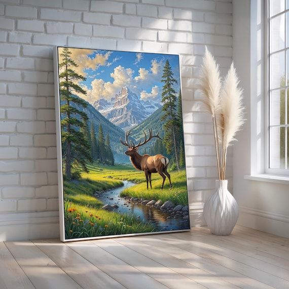 Majestic Elk Mountain Landscape Wall Art Wildlife Nature Canvas Poster Rustic Cabin Lodge Decor Peaceful River Valley Painting