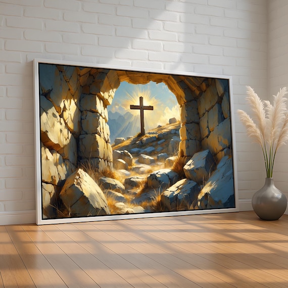 Empty Tomb Glowing Cross Resurrection Christian Easter Painting Poster