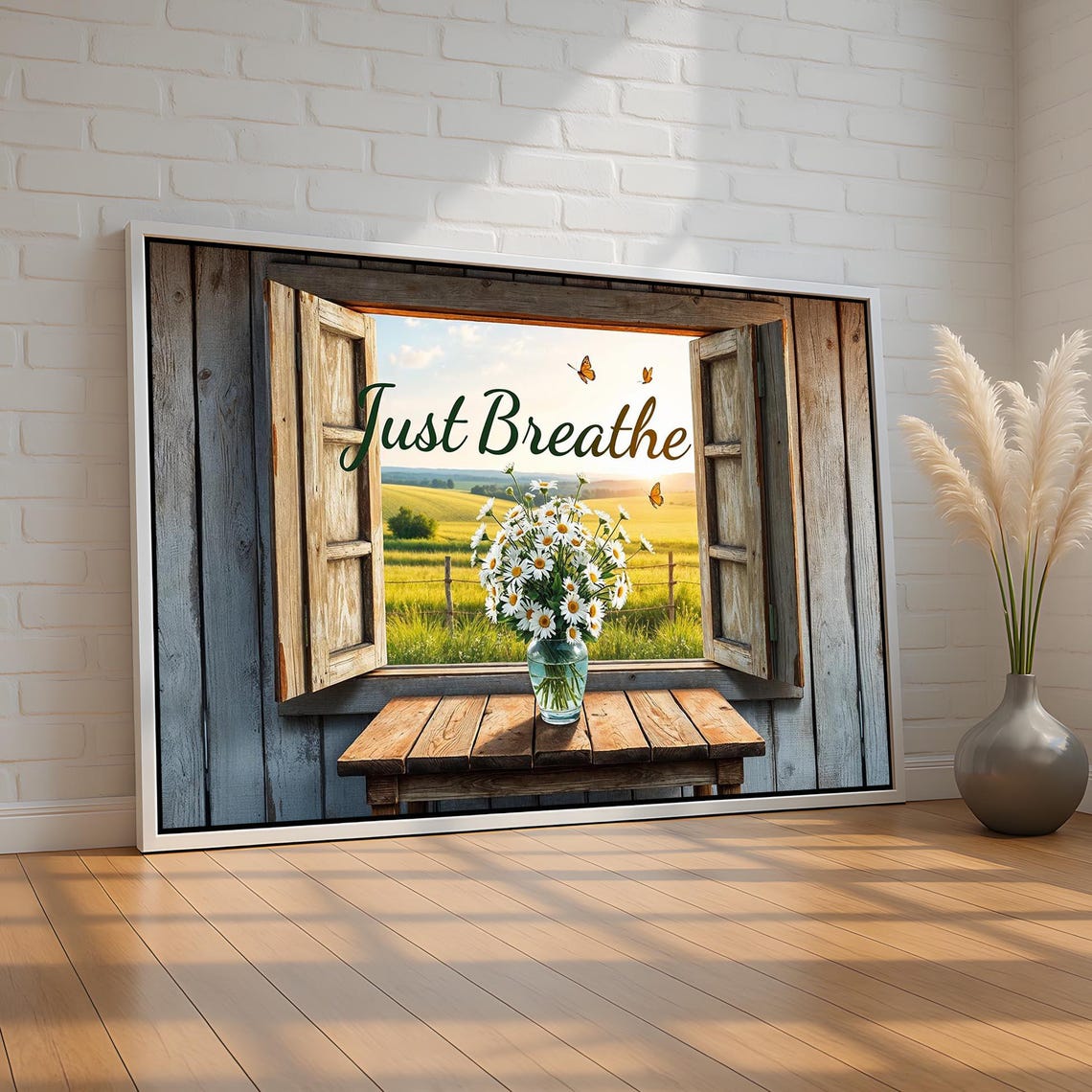 Just Breathe Rustic Window Field Daisy Jar Inspirational Art Poster