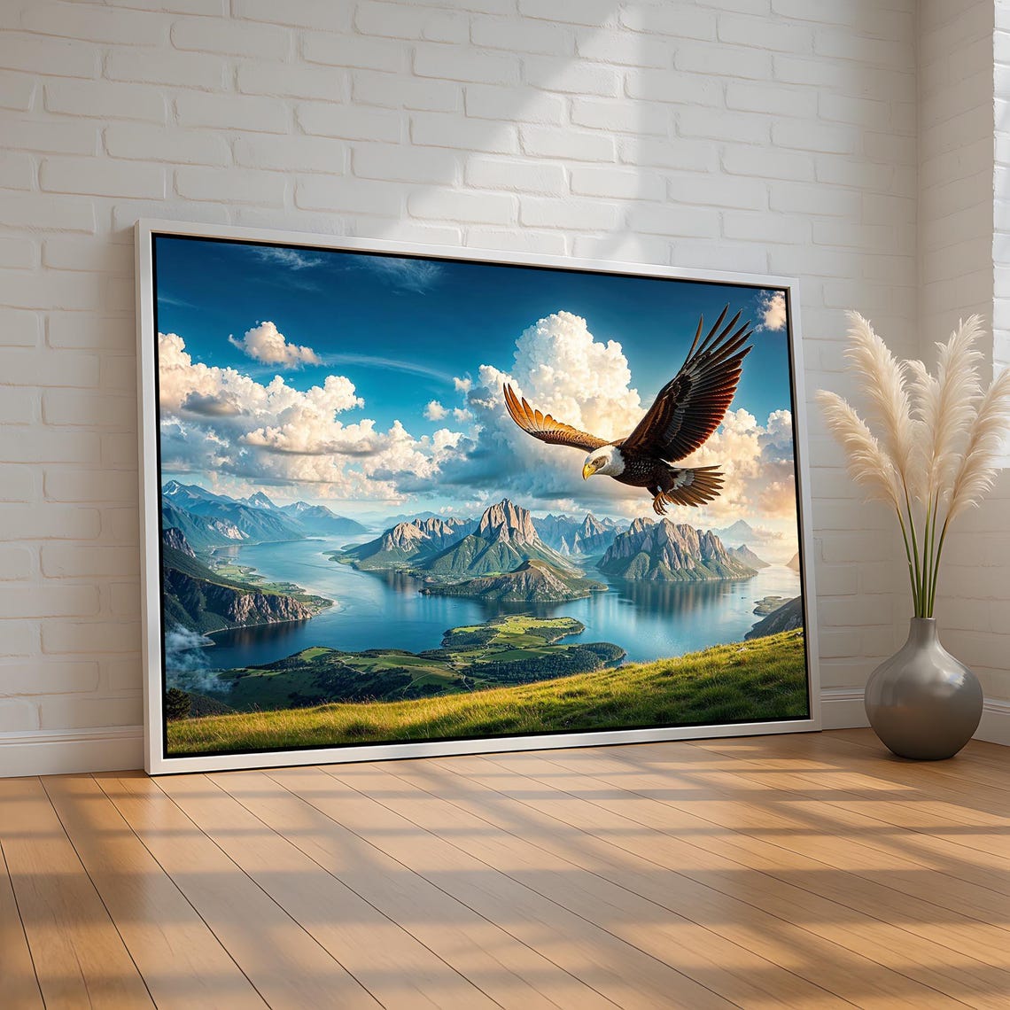 Majestic Bald Eagle Soaring Over Mountain Lake Landscape Poster
